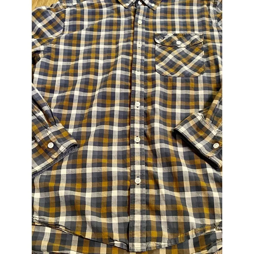 True Religion Men's Button Down Shirt Sz L Long Sleeve Blue Brown‎ Checkered